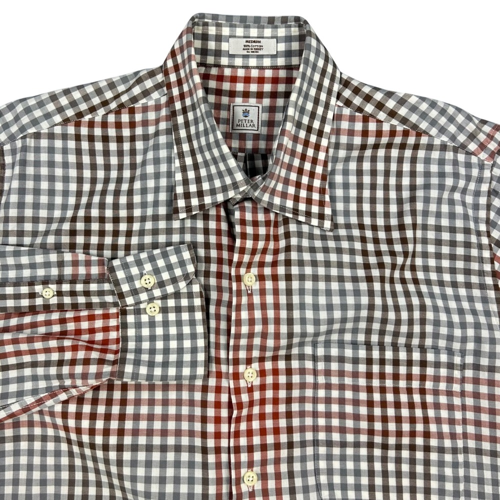 Peter Millar Button Down Shirt Mens Medium Red Gray Gingham‎ Check Long Sleeve